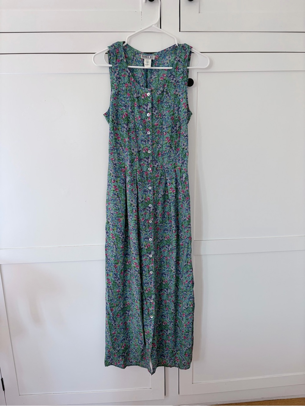 Vintage Robbie Bee Rayon Blue Green Floral Button Front Pintuck Maxi Dress 6